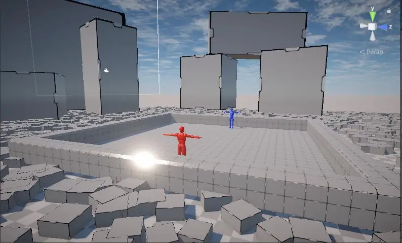 Unity scene view of the Zone Tag arena with two competing agents, one red and one blue